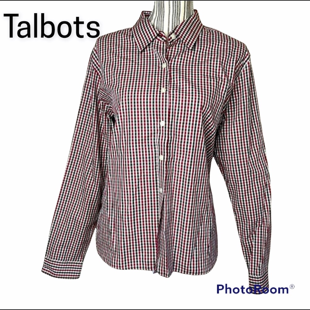 TALBOTS Plaid Red Black Button Down Casual Shirt L